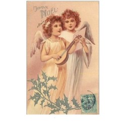 ANGES.n°19681.JOYEUX NOEL.DEUX FILLETTES ANGE JOUANT ET CHANTANT.CP GAUFFREE