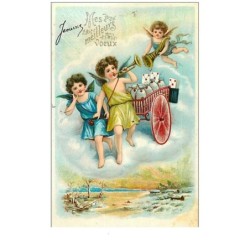 ANGES.MES MEILLEURS VOEUX.n°46.ANGES ET CHARETTE REMPLIE DE SACS DE PIECES