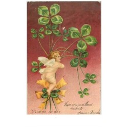 ANGES.n°108.BONNE ANNEE.ANGE SUR DES BRANCHES DE TREFLES.FONDS ROUGE.CP GAUFFREE.
