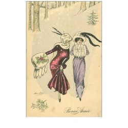 ILLUSTRATEUR.SAGER.n°505.BONNE ANNEE.FEMMES EN PROMENADE SOUS LA NEIGE