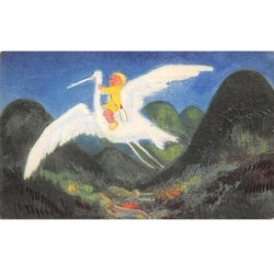 Illustrateur - n°78528 - Enfant avec un biberon à califourchon sur un grand oiseau