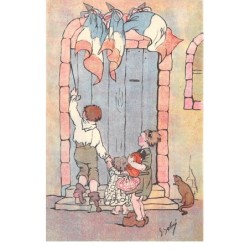Illustrateur - n°76470 - Enfants frappant à une porte décorée de drapeaux français