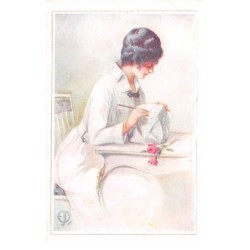 Illustrateur - n°76445 - Jeune femme écrivant sur un paquet - n°76