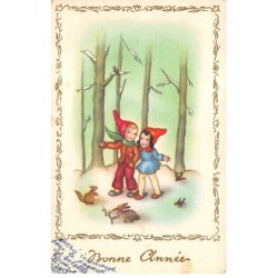Illustrateur - n°78530 - Bonne année - Couple d'enfants se promenant dans les forêt, avec un écureuil et un lapin