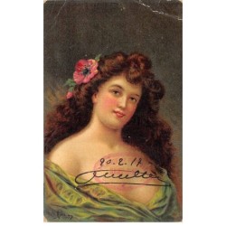 Illustrateur - n°80139 - Portrait d'une jeune femme avec un coquelicot dans les cheveux - Carte avec un cachet militaire
