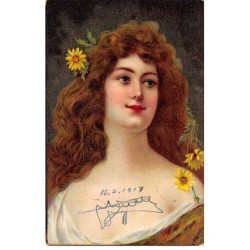 Illustrateur - n°80142 - Portrait d'une jeune femme avec des marguerites dans les cheveux