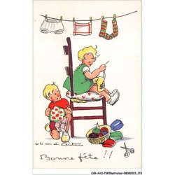 CAR-AAOP1-0089 - ILLUSTRATEUR - UN JEUNE GARCON  , UNE JEUNE FILLE TRICOTANT -BONNE FETE