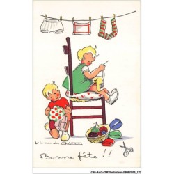 CAR-AAOP1-0087 - ILLUSTRATEUR - UN JEUNE GARCON ET JEUNE FILLE TRICOTANT -BONNE FETE