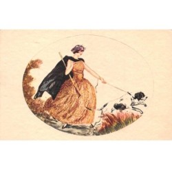 Illustrateur - n°87630 - Femme avec un fusil et tenant un chien de chasse en laisse