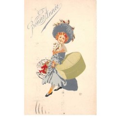 llustrateur - n°60363 - Série n°1 - Bonne Année - Jeune fille portant une boite à chapeau