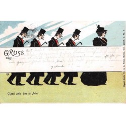 Illustrateur - n°70284 - Gruss aus ...Gigerl sein, das ist fein ! - Hommes en costumes noirs suivant une femme