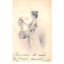 Illustrateur - n°76472 - Jeune femme arrangeant des fleurs dans un vase