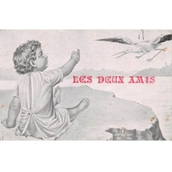 Illustrateur - n°72439 - Les Deux Amis, Bébé sur un rocher avec un oiseau - Carte déchirée vendue en l'état