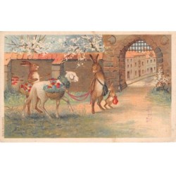 Illustrateur - n°72445 - Des lièvres tenant un mouton portant des oeufs - Carte gaufrée