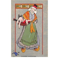 Illustrateur - n°76495 - Pyrénées Ariégeoises - Jeune femme portant un bébé dans un panier