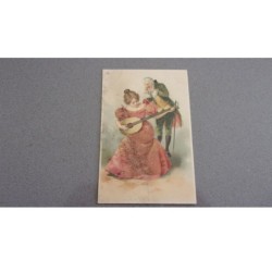 Illustrateur - n°75718 - Homme regardant une jeune femme jouant de la mandoline -Carte avec paillettes, vendue en l'état