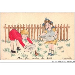 CAR-AAOP2-0175 - ILLUSTRATEUR - UN GARCON,UNE FILLE,UN OISEAU AU JARDIN