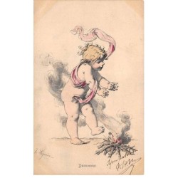 Illustrateur - n°87653 - J. Legrain - Décembre - Ange se réchauffant près d'un feu de bois