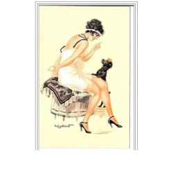 ILLUSTRATEURS.MASSART..FE MME EN NUISETTE CACHANT LA BALLE A SON CHIEN