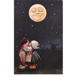 Illustrateur - n°66891 - Petit couple de hollandais s'embrassant sous la lune