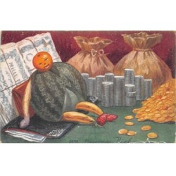 Illustrateur - n°88506 - Un Nouveau Riche - Fruits humanisés près de pièces et de billets