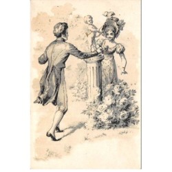 Illustrateur - n°88520 - Couple jouant autour d'une statue de cupidon