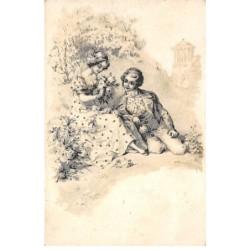 Illustrateur - n°88521 - Couple assis, le jeune homme au pied de la jeune femme