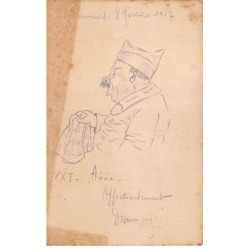 Illustrateur - n°88563 - Physionomies - Portrait d'un Militaire éternuant - Carte peinte à la main