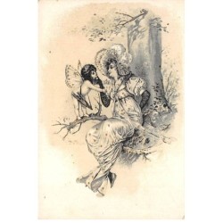 Illustrateur - n°88522 - Jeune femme assise près d'un arbre et parlant avec un cupidon