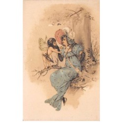 Illustrateur - n°88524 - Jeune femme assise près d'un arbre et parlant avec un cupidon
