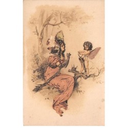Illustrateur - n°88523 - Jeune femme assise près d'un arbre et parlant avec un cupidon