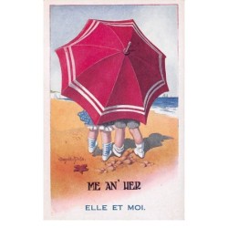 Illustrateur - n°63132 - Barnes - Elle et Moi - Enfants sous un parasol sur une plage