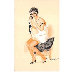 Illustrateur - n°63162 - Massart - Jeune femme légèrement vêtue assise avec un petit chien dans les bras