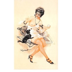 Illustrateur - n°63164 - Massart - Jeune femme légèrement vêtue jouant à la balle avec un chien