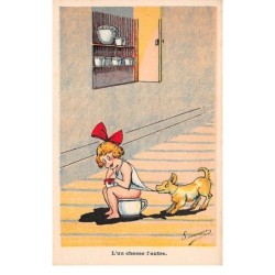 Illustrateur - n°63998 - Simonne - L'un chasse l'autre -Chien tirant sur la chemise d'une fillette sur un pot de chambre