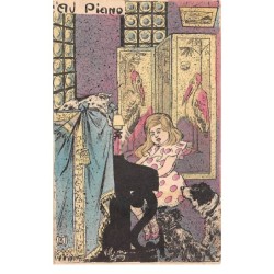 Illustrateur - n°63315 - Au Piano - Fillette jouant au piano devant des chiens