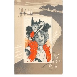 Illustrateur - n°63194 - Genre Kircher - Portrait d'une femme avec un boa - Carte gaufrée