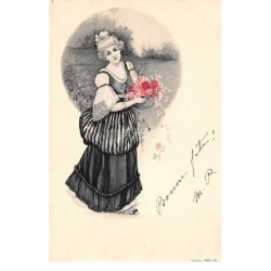 Illustrateur - n°66772 - Jeune femme tenant un panier rempli de fleurs