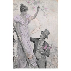 Illustrateur - n°65596 - Jeune femme cueillant des branches fleuries sur une échelle tenue par un jeune homme