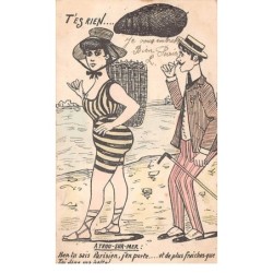 Illustrateur - n°64573 - T'es Rien ... A Trou-sur-Mer .... - Homme regardant une jeune femme en tenue de bain