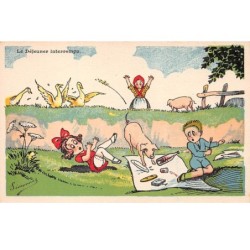 Illustrateur - n°63993 - Simonne - Le Déjeuner interrompu - Cochon sautant au milieu d'un pique-nique