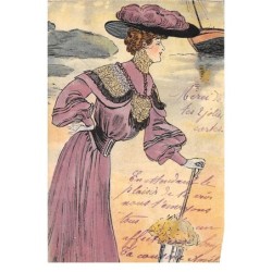 Illustrateur - n°64599 - Jeune femme avec une ombrelle regardant un bateaut sur la mer