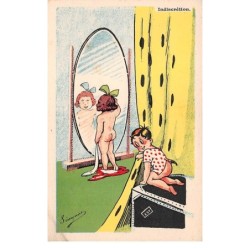 Illustrateur - n°63986 - Simonne - Indiscrétion - Garçon regardant en cachette une fillette devant une glace
