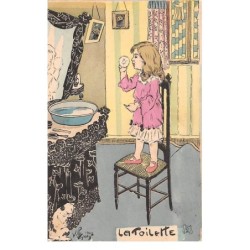 Illustrateur - n°63314 - La Toilette - Fillette debout sur une chaise se poudrant le visage