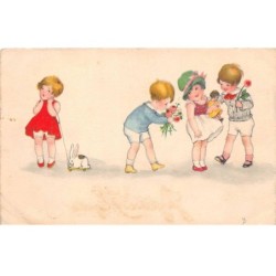 Illustrateur - n°88476 - Enfants, les garçons offrant des fleurs à une fillette, une autre tenant un lapin en jouet