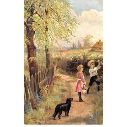 Illustrateur - n°88594 - Henry Payne - Maying in the Lane - Enfants cueillant des fleurs, avec un chien