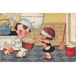 Illustrateur - n°88477 - Gourmandise en commun - Petite servante goûtant le plat présenter par un cuisiner
