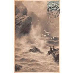 Illustrateur - n°88655 - Oiseaux sur des rochers et volant en plein milieu de la mer