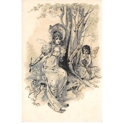 Illustrateur - n°88527 - Jeune femme assise près d'un arbre, tenant une flèche et parlant avec un cupidon