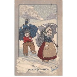 Illustrateur - n°88588 - Joyeux Noël - Enfants se protégeant de la neige sous des parapluies
